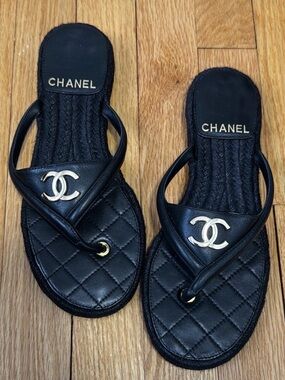 CHANEL Black Quilted Leather Gold CC Sandals